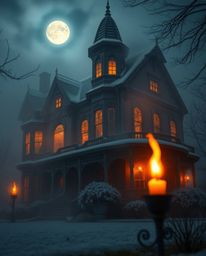 This stunning extreme macro close-up photograph captures a fog-covered Victorian mansion bathed in moonlight, with warm candl