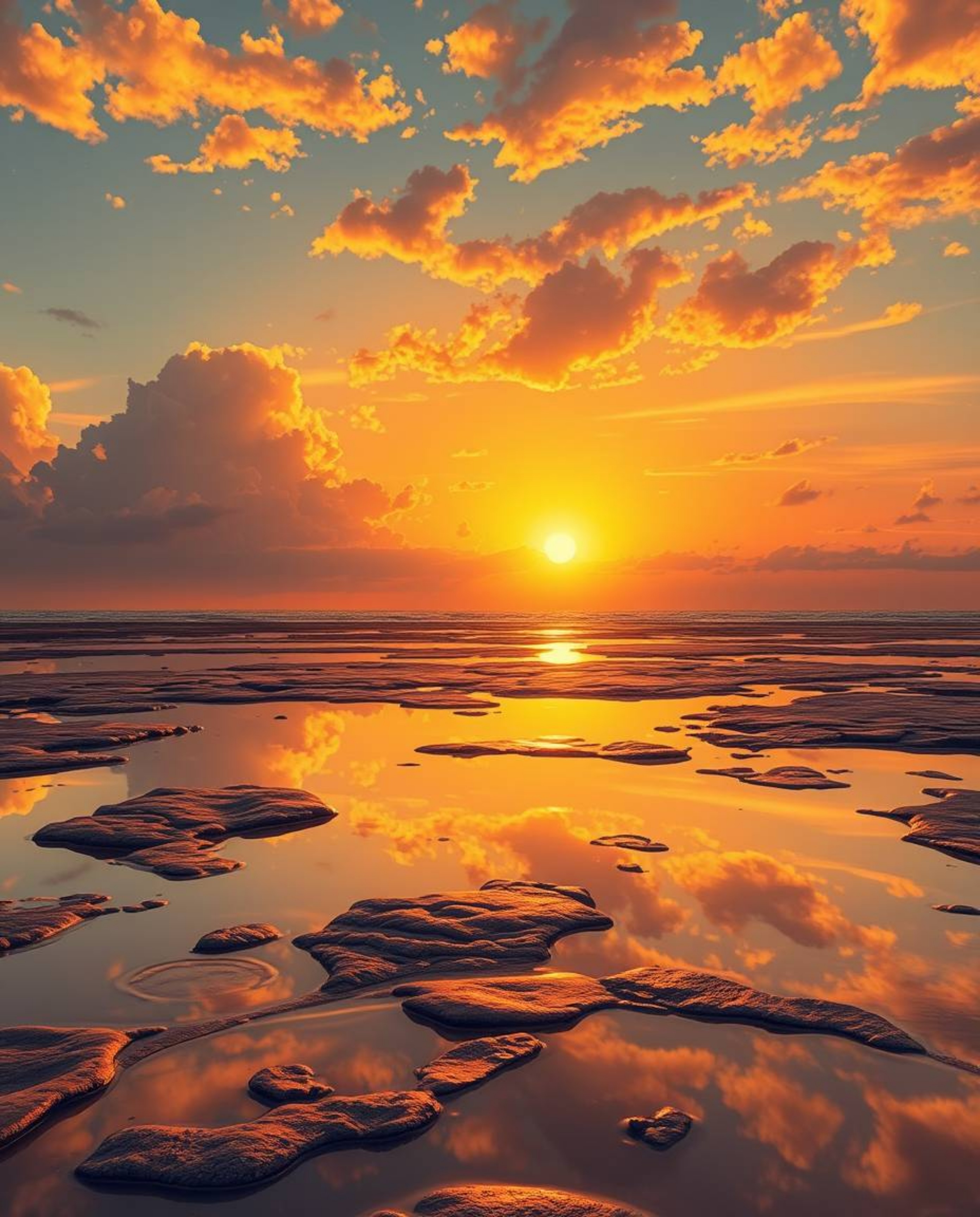 An illustration captures a stunning sunset sky, rendered in warm golden hues, as it is mirrored in the tranquil tidal pools o