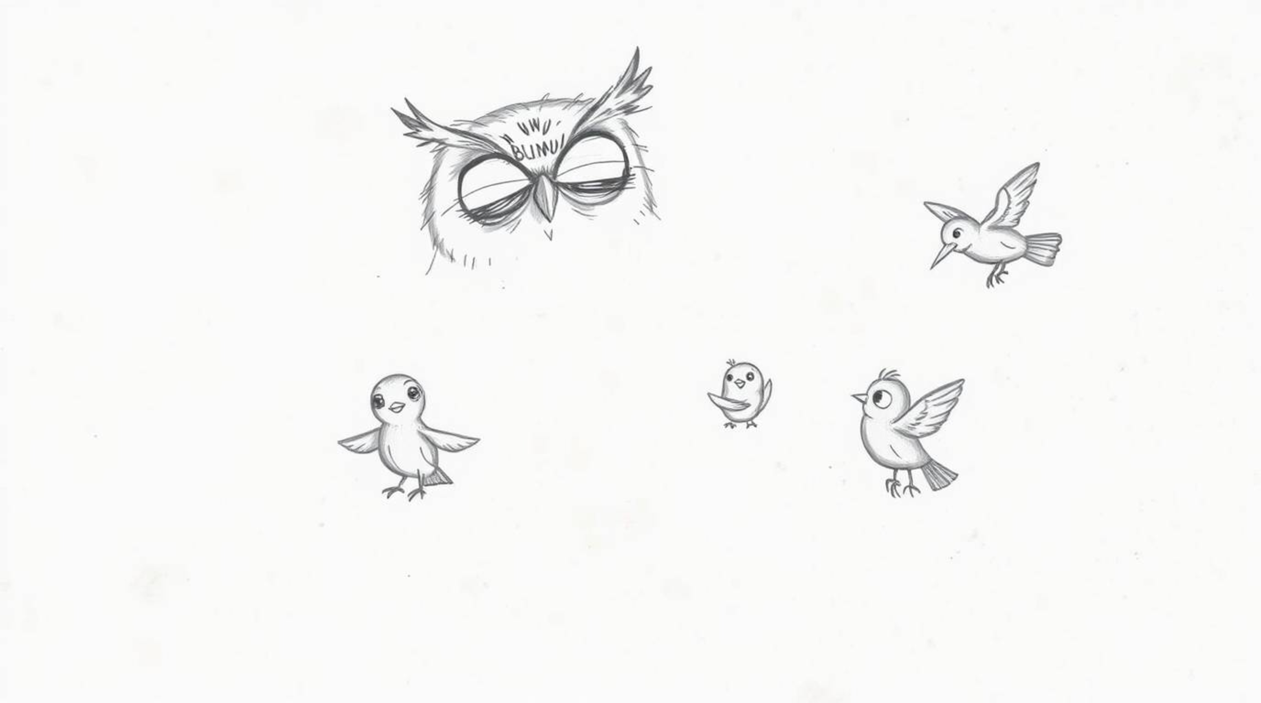 A heartwarming hand-drawn sketch in the style of Pixar depicts a blind owl with remarkably expressive features, guiding a flo