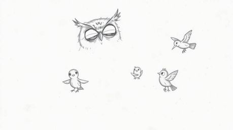 A heartwarming hand-drawn sketch in the style of Pixar depicts a blind owl with remarkably expressive features, guiding a flo