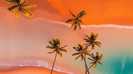 Experience the breathtaking beauty of a tropical beach at sunset with this overhead shot. Gentle palm trees sway in the breez
