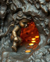This captivating cast bronze sculpture portrays an adorable child with cherubic features as they follow a trail of glowing fo