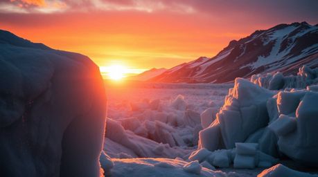 Stunning architectural color photography captures the breathtaking scene of icy polar glaciers bathed in the warm glow of a s