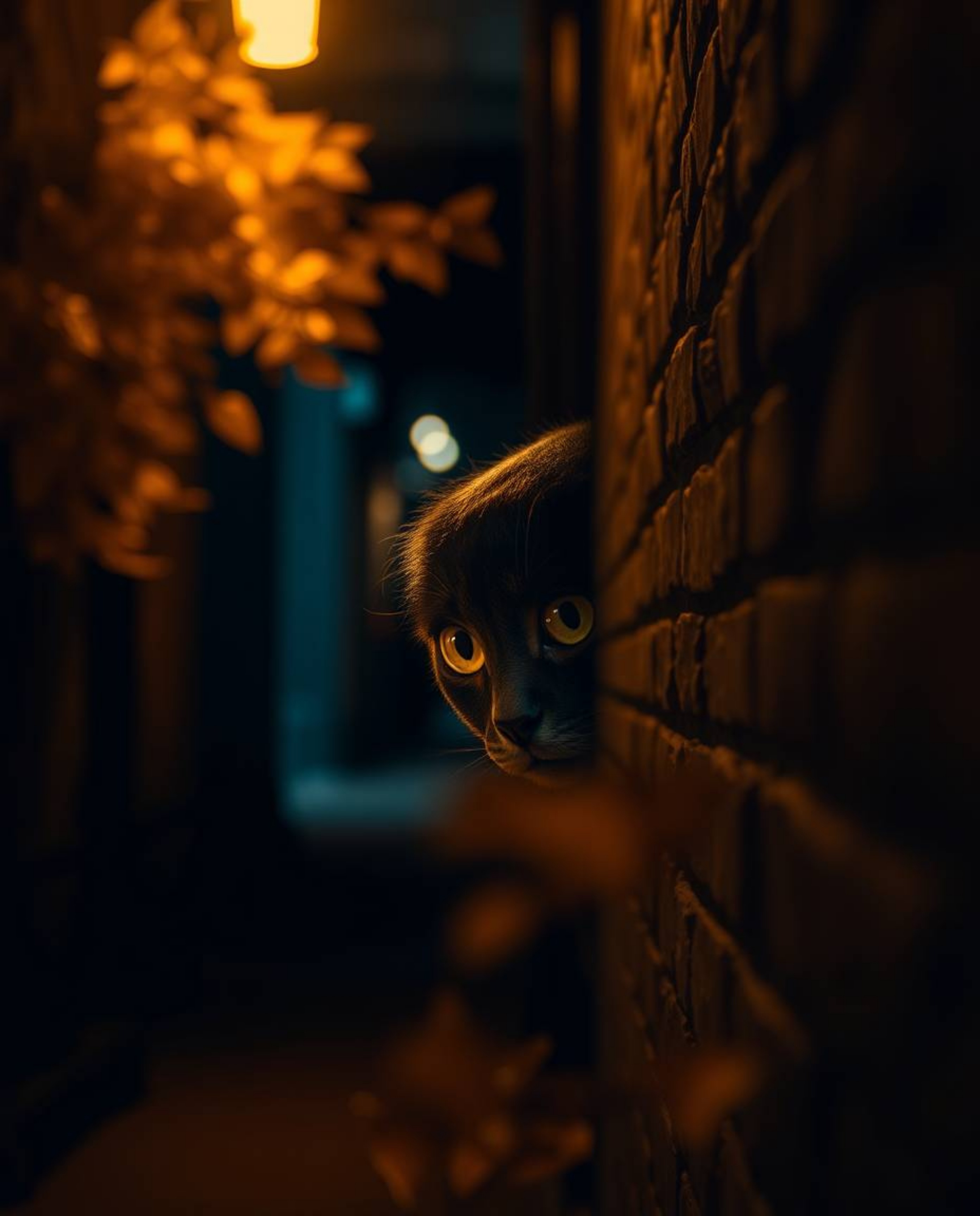 A scene depicting graceful and elegant eyes observing from the shadows of a dark alley at night. Bathed in the warm hues of