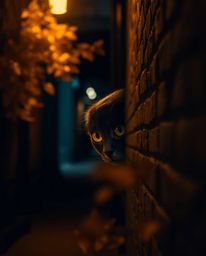 A scene depicting graceful and elegant eyes observing from the shadows of a dark alley at night.  Bathed in the warm hues of 