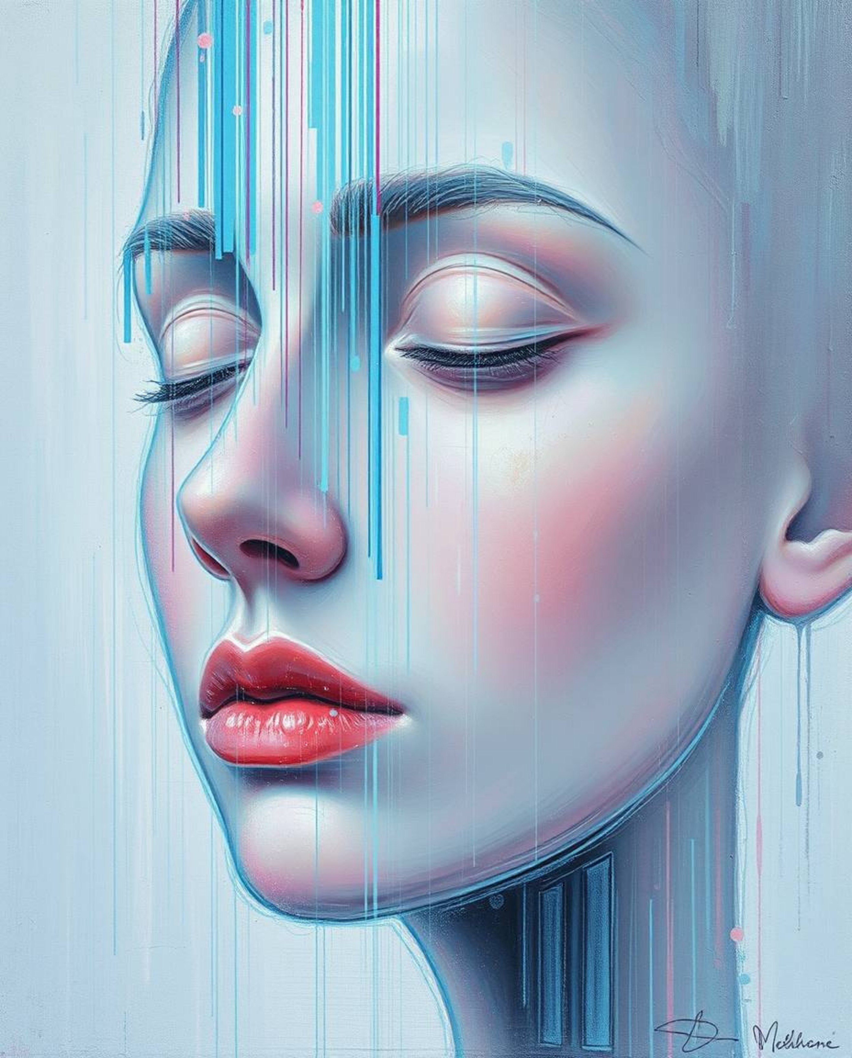 A classic oil painting showcases a captivating transformation: a human face morphing into a data stream through a digital gli