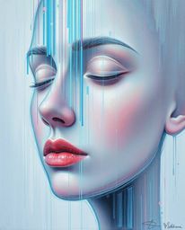 A classic oil painting showcases a captivating transformation: a human face morphing into a data stream through a digital gli