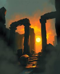 A dynamic digital sketch depicts a sunset casting shadows through ancient stone ruins, brought to life with loose, painterly 