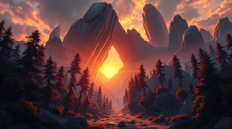 A stunning illustration depicts a grand, epic scene in a modern futuristic style.  Sunset light filters dramatically through 