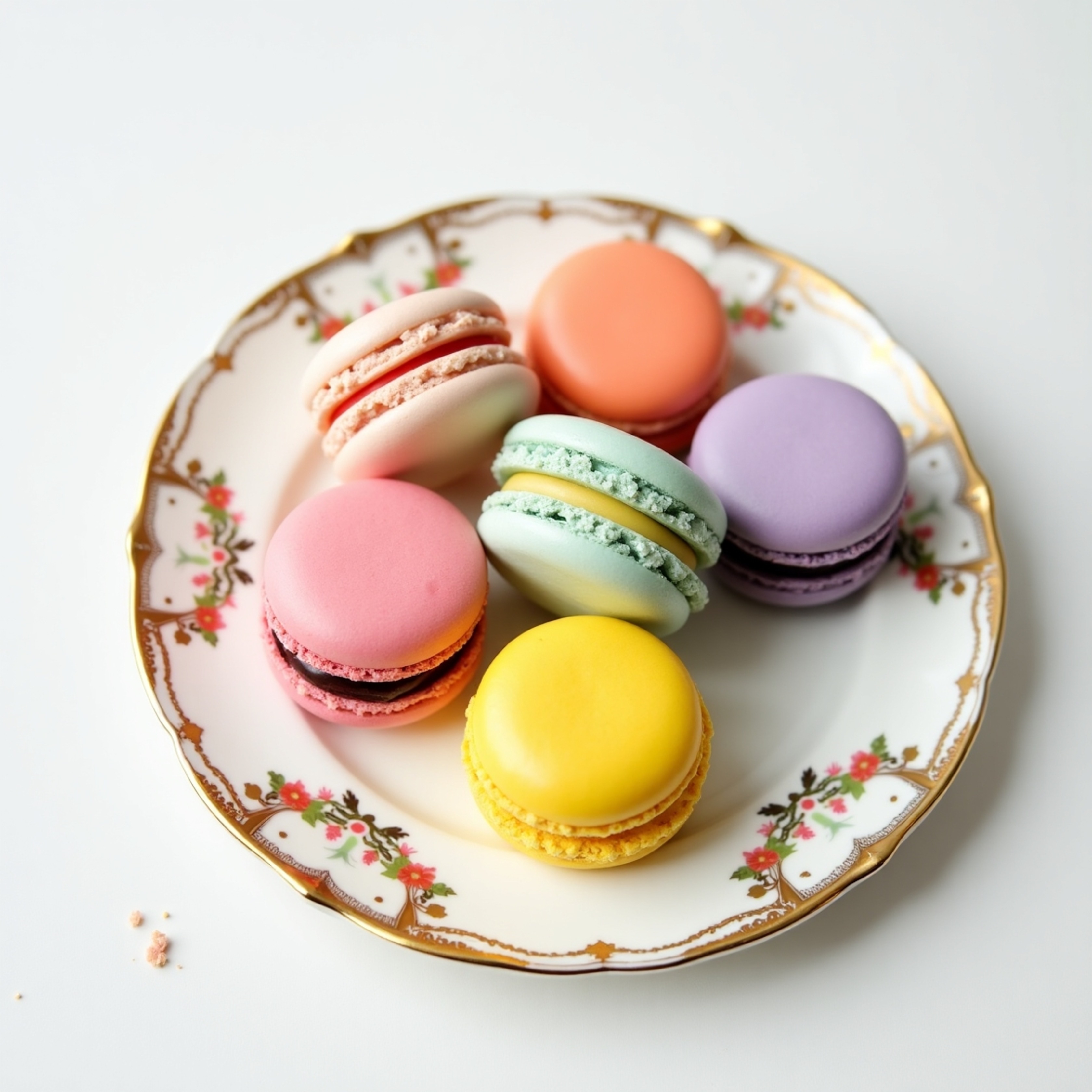 A stunning still life captures the delicate beauty of assorted macarons arranged on an ornate fine china plate. The pastel hu
