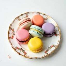 A stunning still life captures the delicate beauty of assorted macarons arranged on an ornate fine china plate. The pastel hu