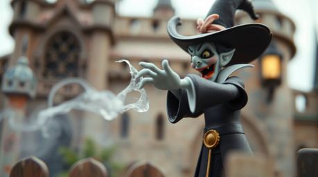 A macro close-up captures the delicate details of a classic Disney villain casting a spell within the aged walls of an old ca