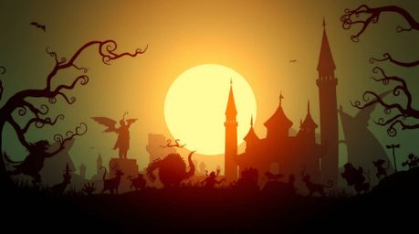 Explore a silhouetted fantasy kingdom bathed in warm terracotta and cool teal hues, where quirky magical creatures dance agai