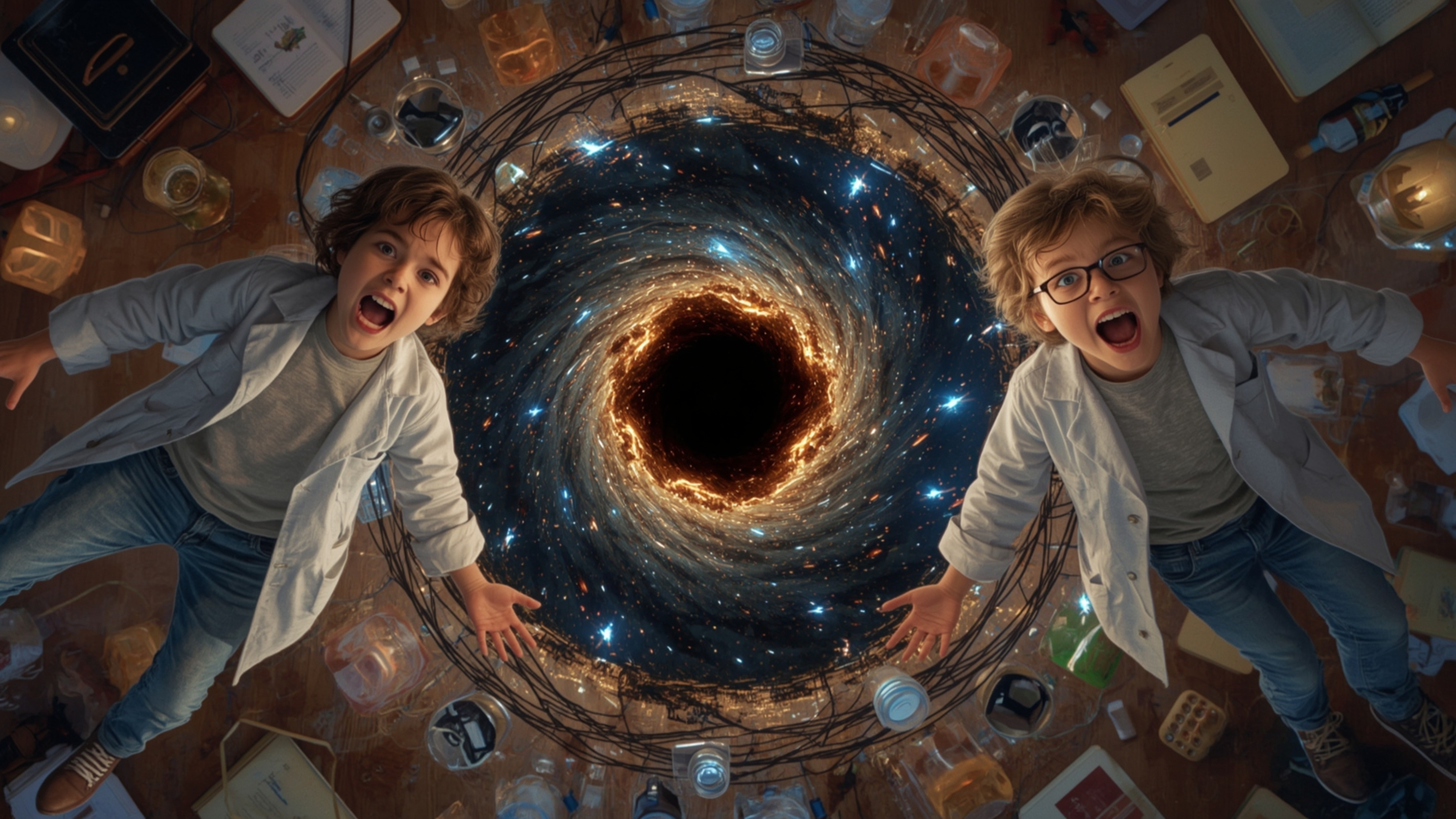 A vibrant, cinematic photograph in a stylized, Pixar-esque aesthetic captures a dynamic science fair duo, a girl and a boy, s