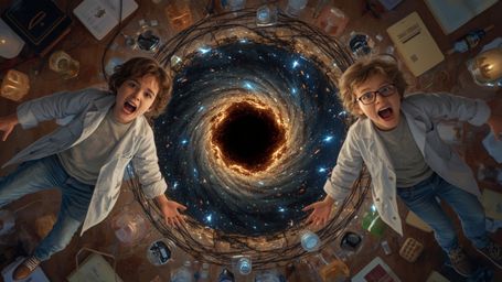 A vibrant, cinematic photograph in a stylized, Pixar-esque aesthetic captures a dynamic science fair duo, a girl and a boy, s