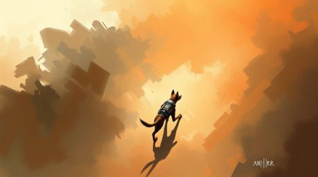 Explore a stunning digital sketch depicting a futuristic dog autonomously navigating the vast expanse of space amidst turbule