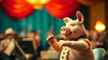 A captivating long exposure photograph showcases a pig character passionately conducting an orchestra.  The image features a 