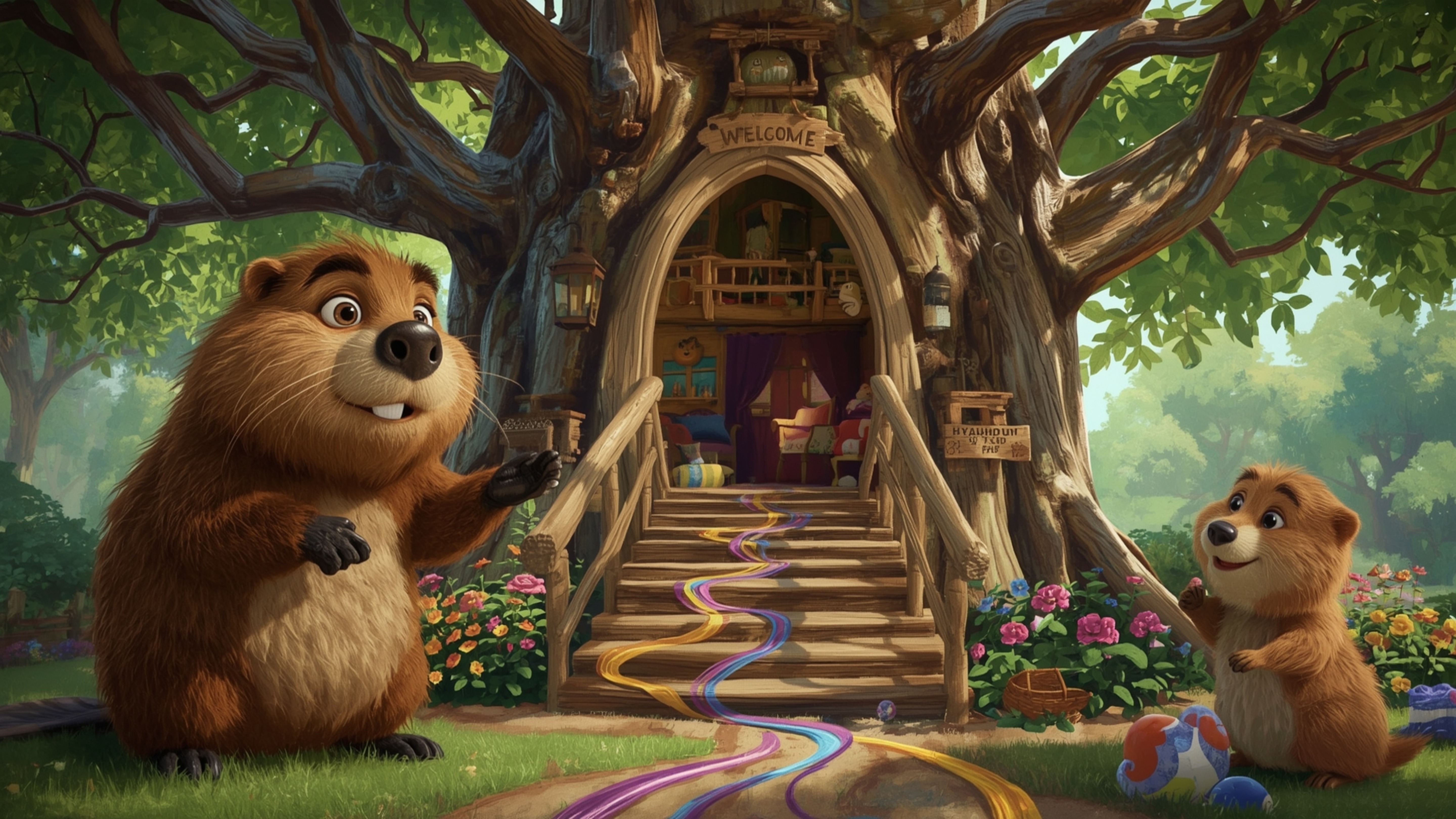 A highly detailed, high-resolution stock photo captures a kind-faced beaver with fluffy brown fur building the perfect treeho