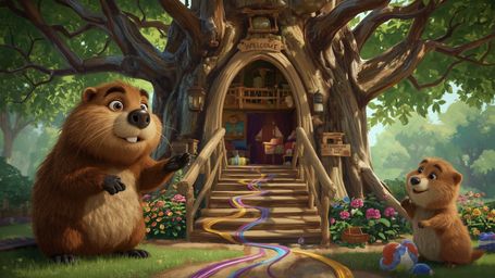 A highly detailed, high-resolution stock photo captures a kind-faced beaver with fluffy brown fur building the perfect treeho