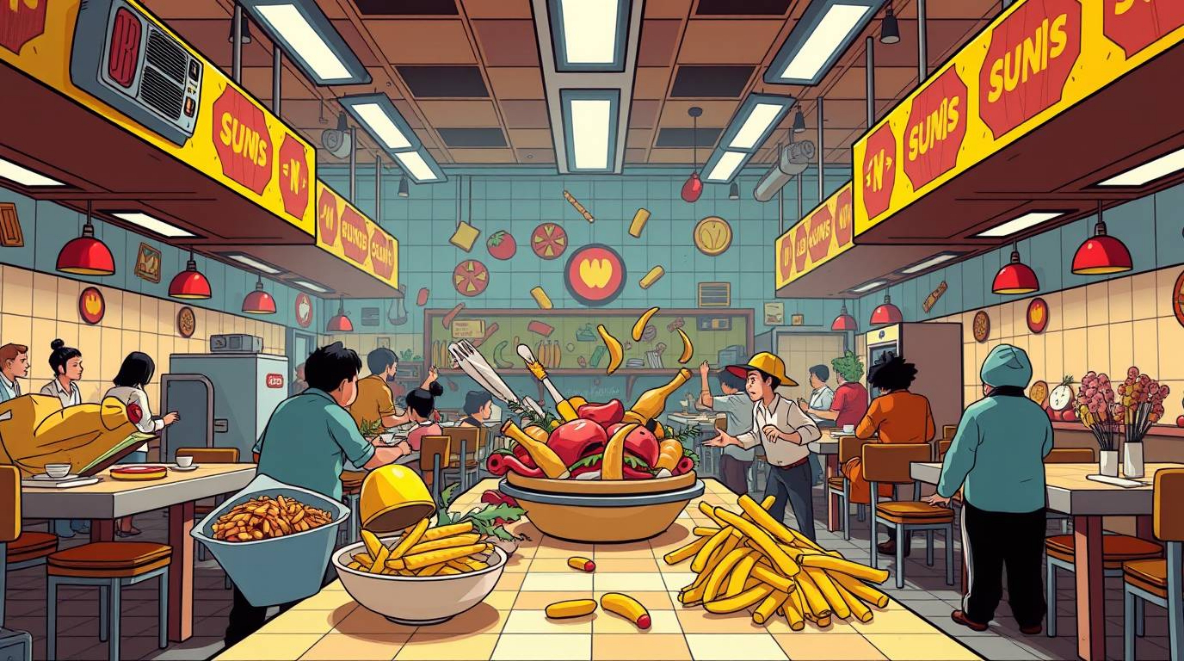 Witness a chaotic yet beautifully rendered food fight erupting within a cartoon cafeteria.  This scene, captured with precise