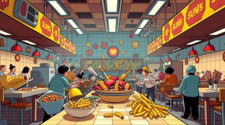 Witness a chaotic yet beautifully rendered food fight erupting within a cartoon cafeteria.  This scene, captured with precise