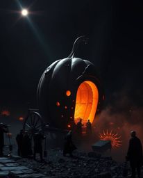 Witness an epic transformation as a magical pumpkin morphs into a stunning carriage, rendered in intense jet black hues with 