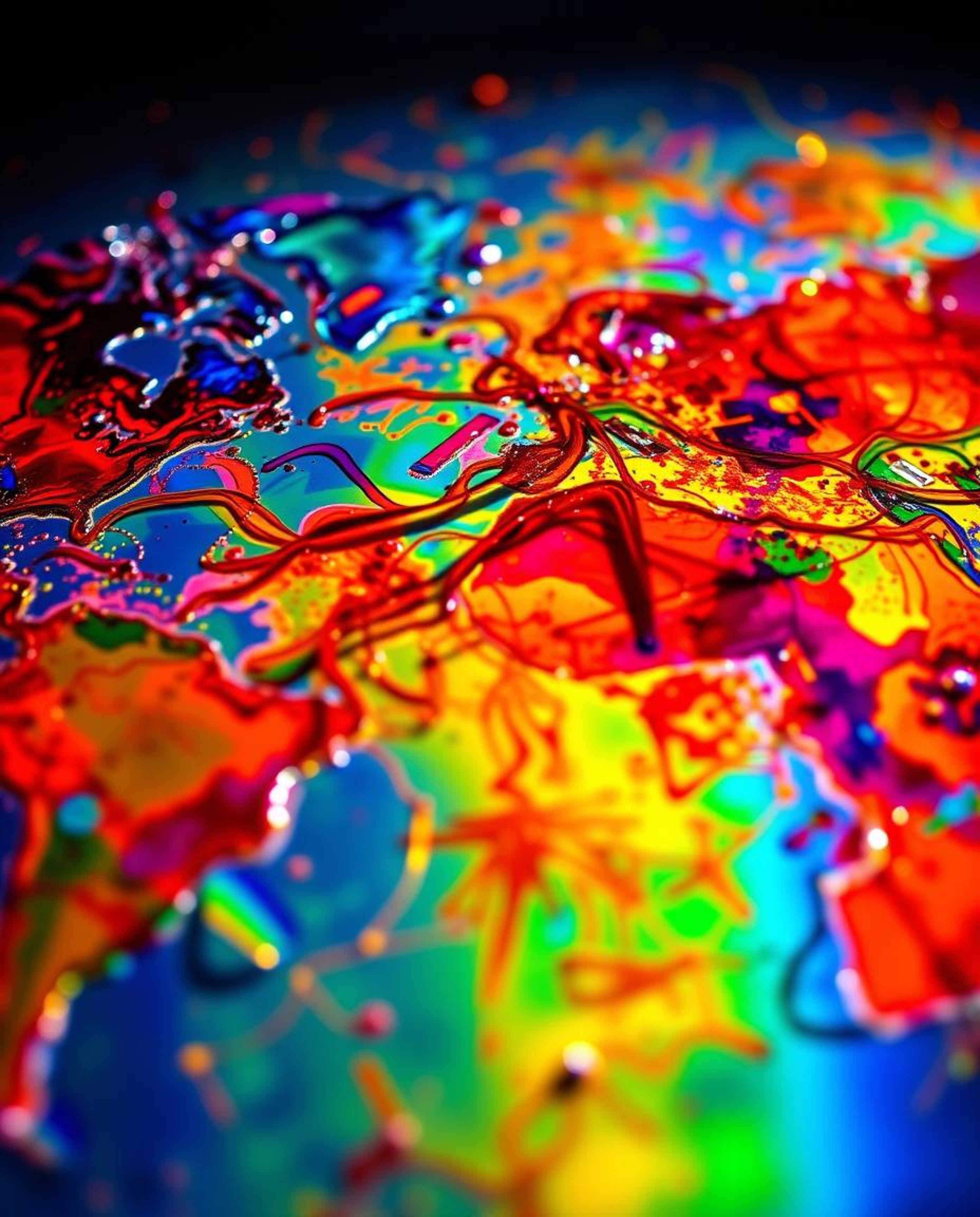This image features a close-up of a world map brilliantly constructed from vibrant, colorful splashes, creating an intense an