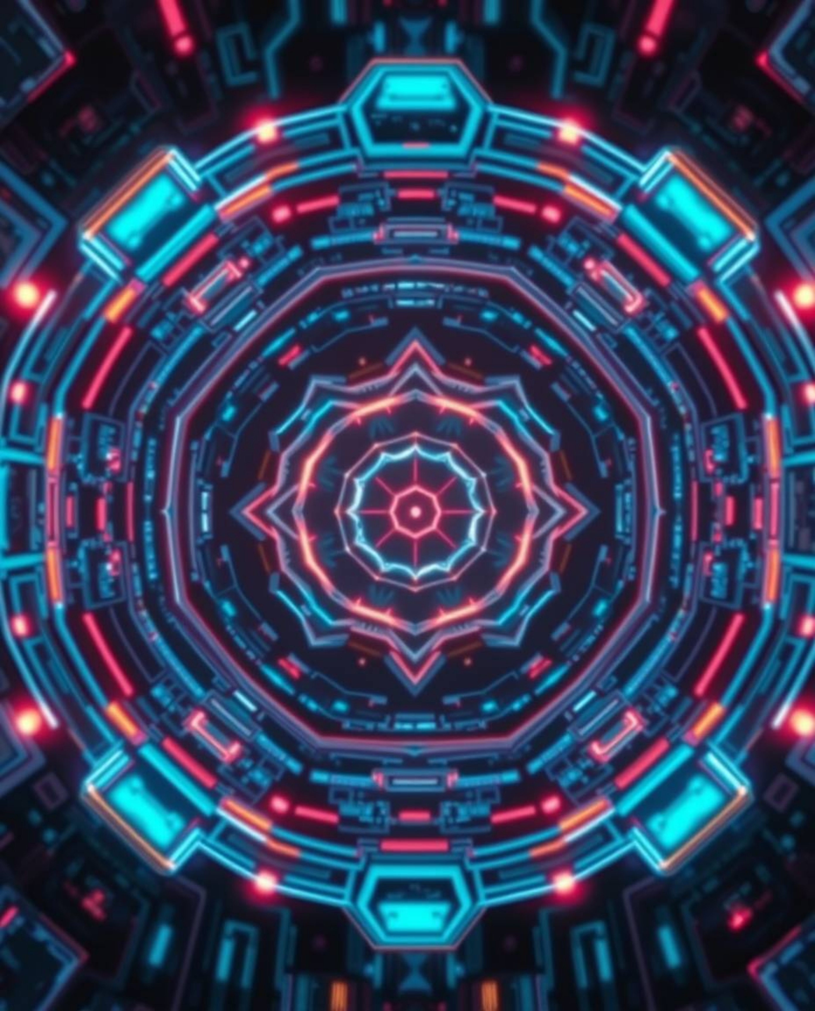This artwork presents a bird’s-eye view of a futuristic digital interface, showcasing intricate geometric patterns and a capt