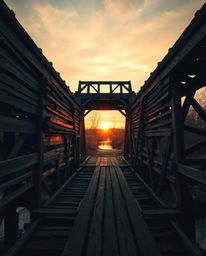 This is a precise architectural color photograph of an old wooden bridge over a river at sunset, creating an eerie and creepy