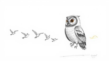 A heartwarming hand-drawn sketch in the style of Pixar animation depicts a kind, blind owl with soft plumage teaching a class