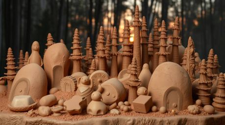 A stunning sculptural clay artwork captures the essence of a muted sunset filtering through a dense forest.  The piece featur
