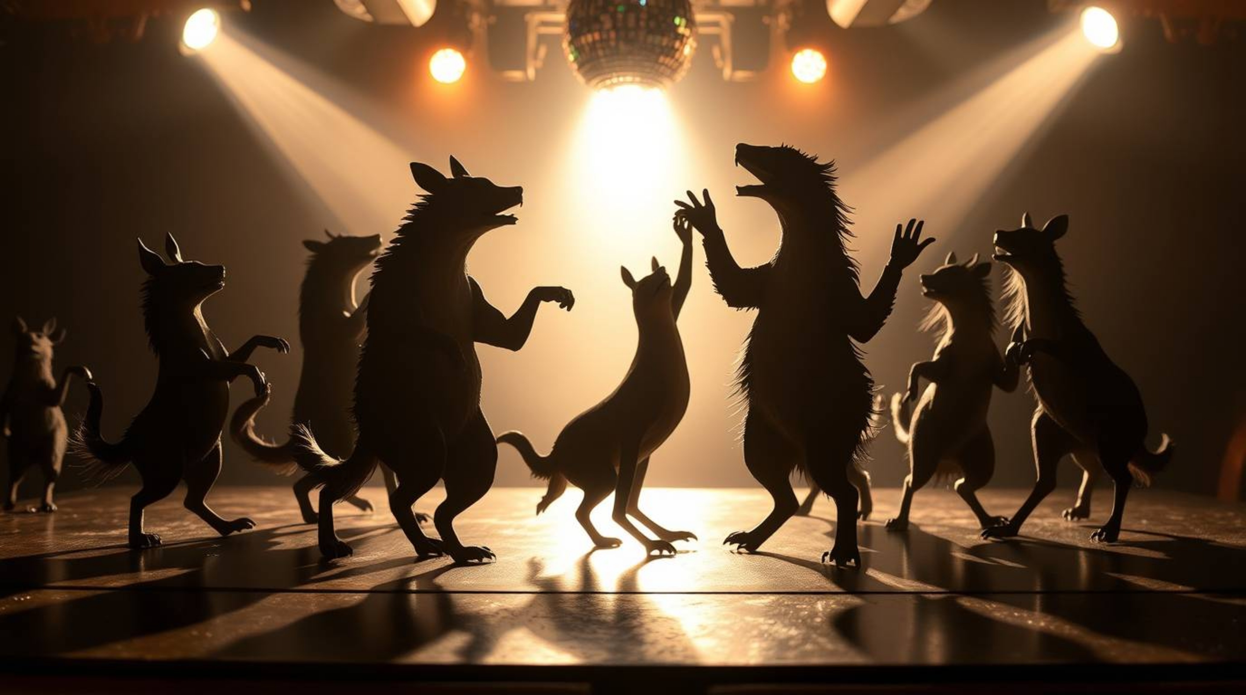 A captivating image depicting an animal dance party set against a vibrant backdrop of disco lights.  Silhouetted figures are 