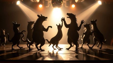 A captivating image depicting an animal dance party set against a vibrant backdrop of disco lights.  Silhouetted figures are 