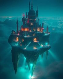 Experience a breathtaking scene of a surreal floating island boasting strange and captivating architecture. Bathed in deep te