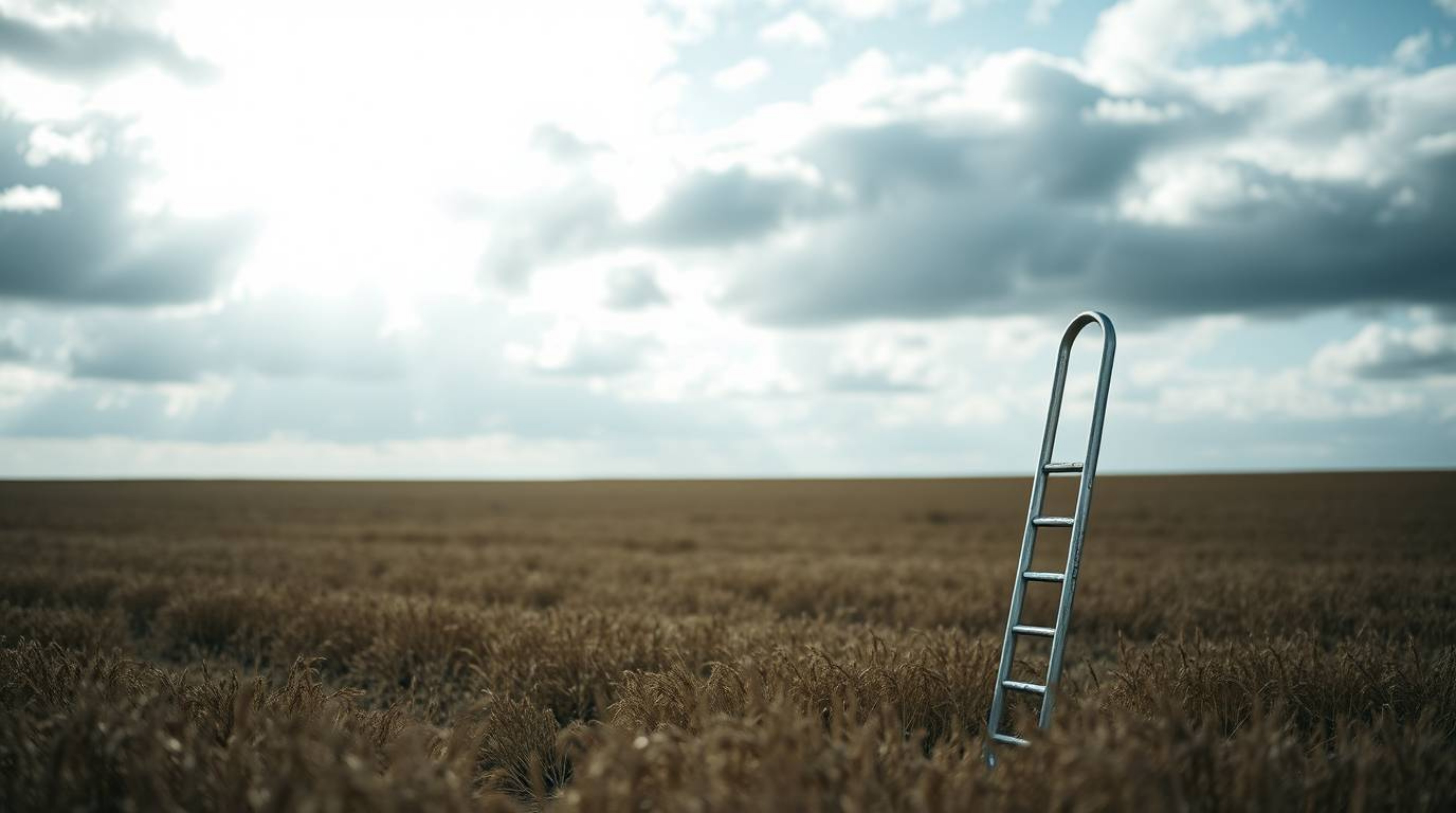 Explore a minimalist scene featuring a silver ladder standing tall in a wide open field under a cloudy sky.  This extreme mac