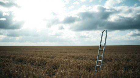 Explore a minimalist scene featuring a silver ladder standing tall in a wide open field under a cloudy sky.  This extreme mac