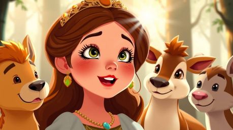 A charming vintage 2D animation depicting a princess with rosy cheeks and a gentle smile, harmonizing with forest animals. Th