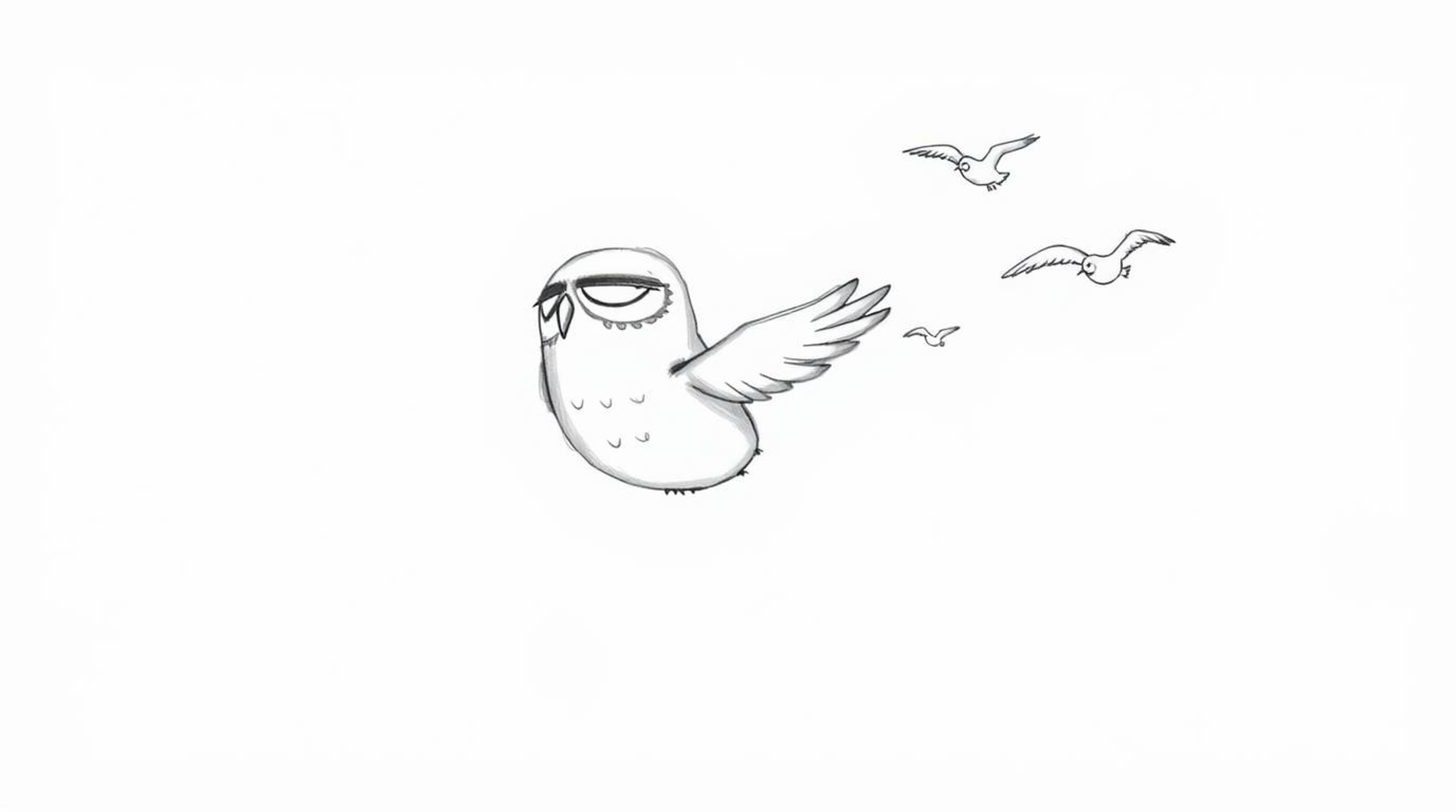 A stylized hand-drawn sketch depicts a blind owl with gentle, rounded features, leading a flock of birds in graceful flight. 