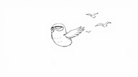 A stylized hand-drawn sketch depicts a blind owl with gentle, rounded features, leading a flock of birds in graceful flight. 