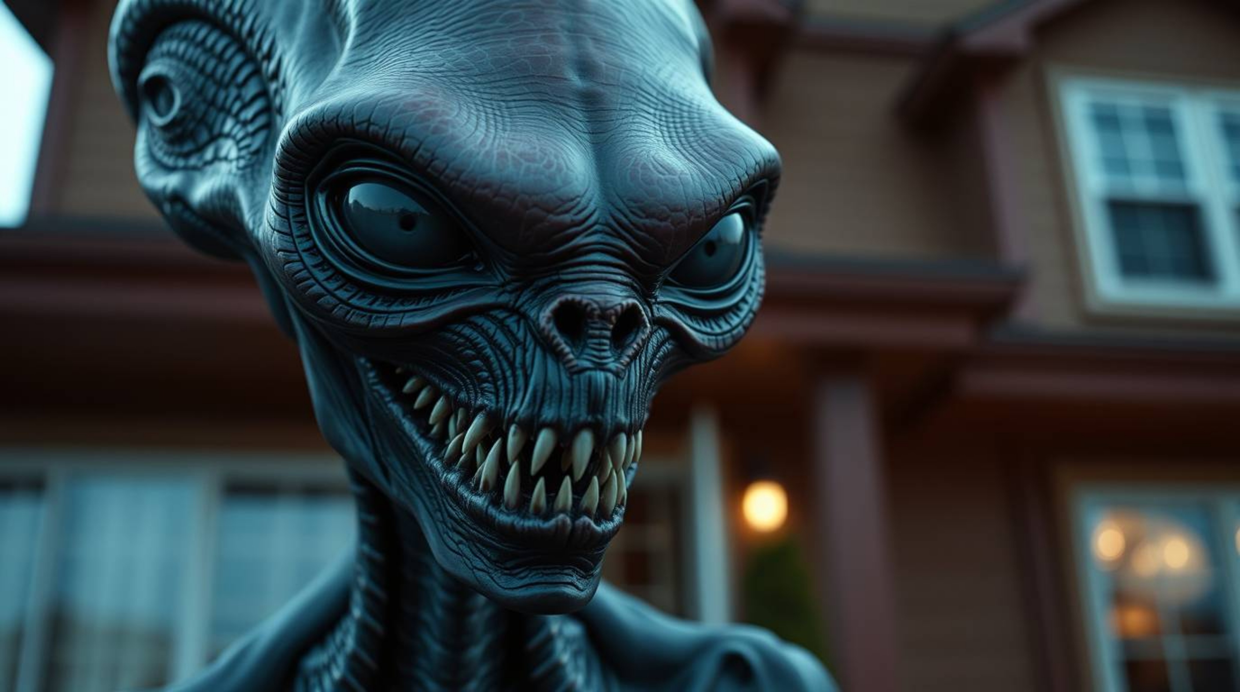 A detailed close-up shot of an alien residing in a suburban house, rendered in a rich burgundy and deep blue color palette fo