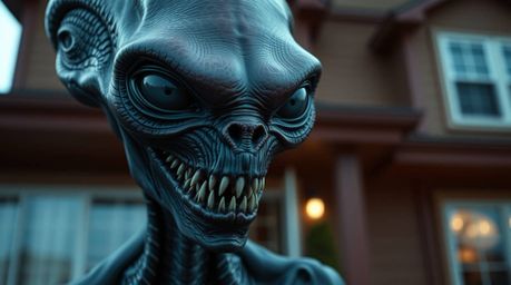 A detailed close-up shot of an alien residing in a suburban house, rendered in a rich burgundy and deep blue color palette fo