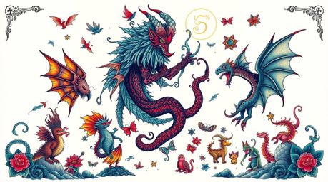 This art print showcases a symbolic traditional tattoo art style, featuring vibrant colors and a retro flair. The complex orn