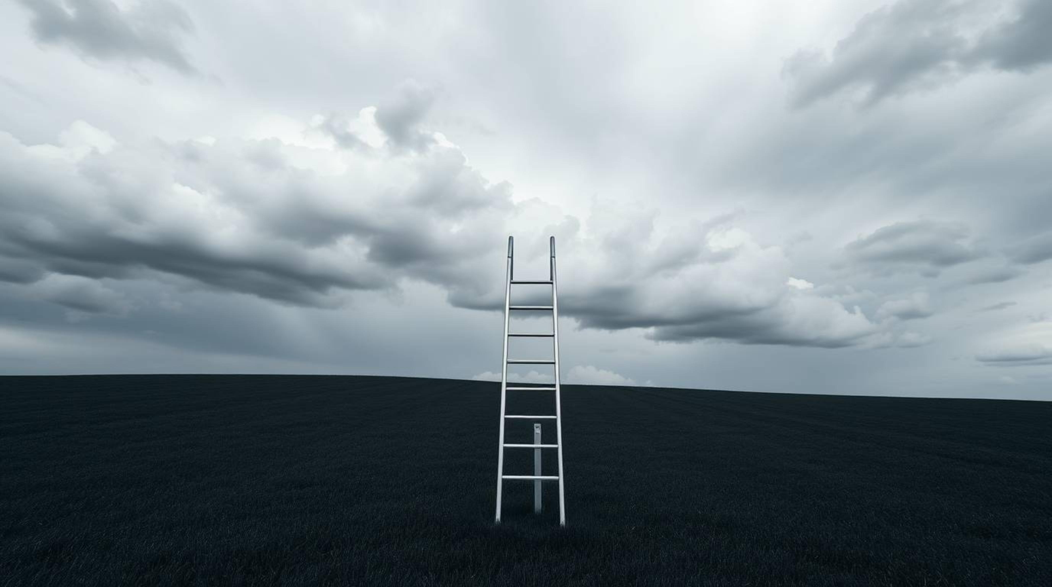 High-resolution stock photo capturing a minimalist scene: a silver ladder stands in an open field beneath a wide, cloudy sky,