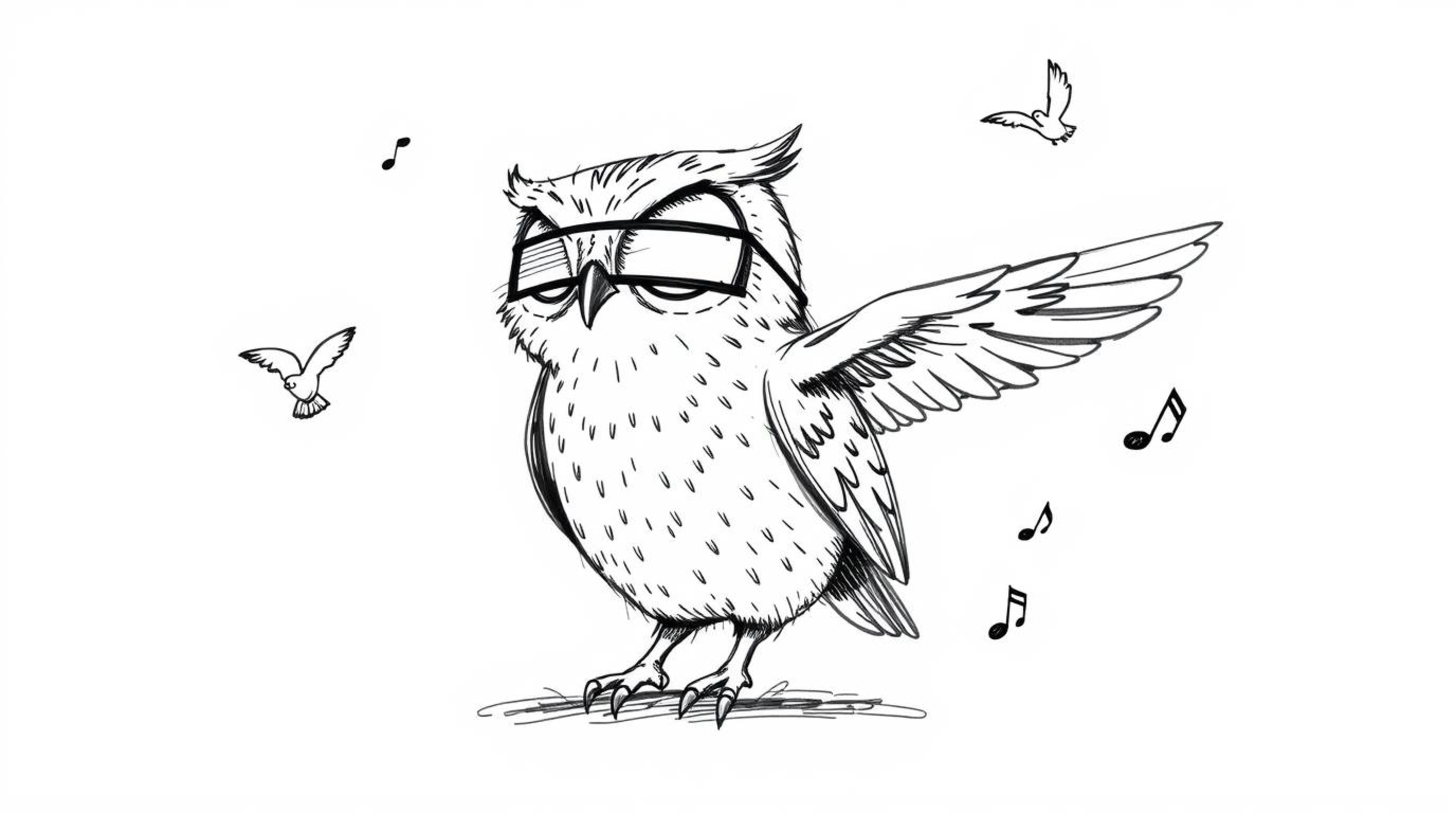 A charming, hand-drawn sketch in Pixar style depicts a blind owl with soft, textured feathers guiding other birds in flight. 