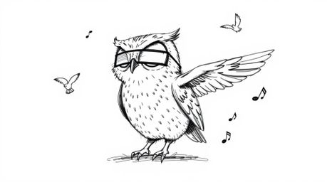 A charming, hand-drawn sketch in Pixar style depicts a blind owl with soft, textured feathers guiding other birds in flight. 