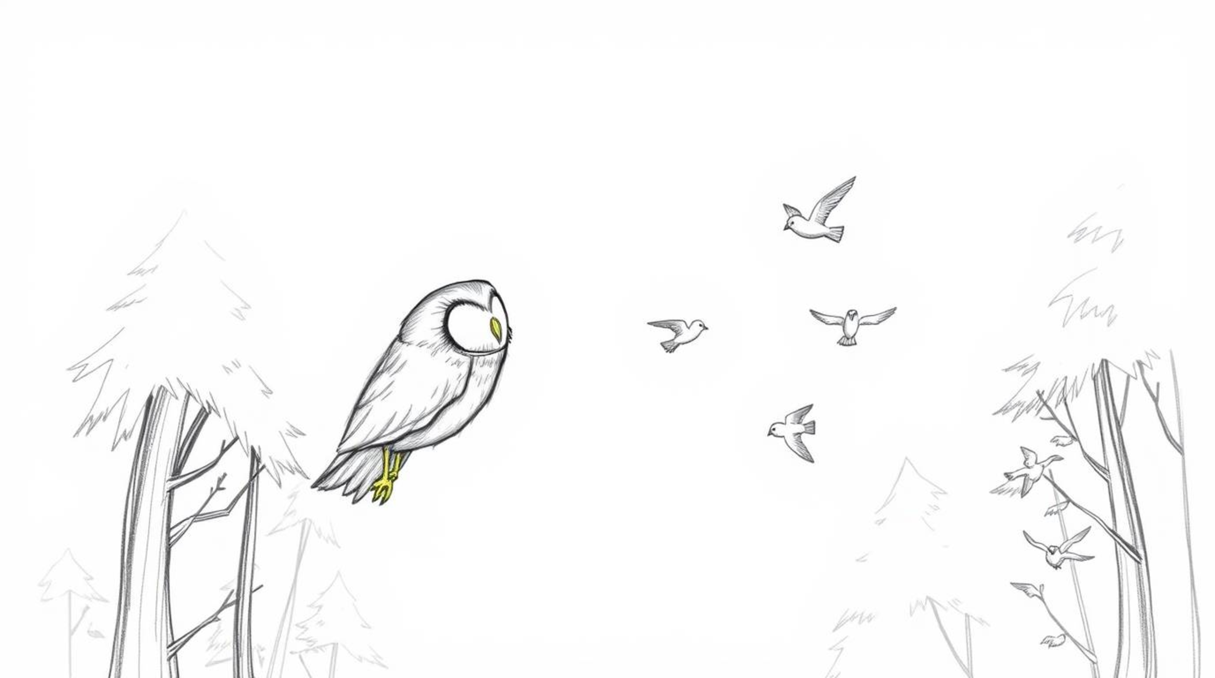 A charming hand-drawn sketch depicts a blind owl, rendered with textured pencil strokes, instructing small birds in flight wi