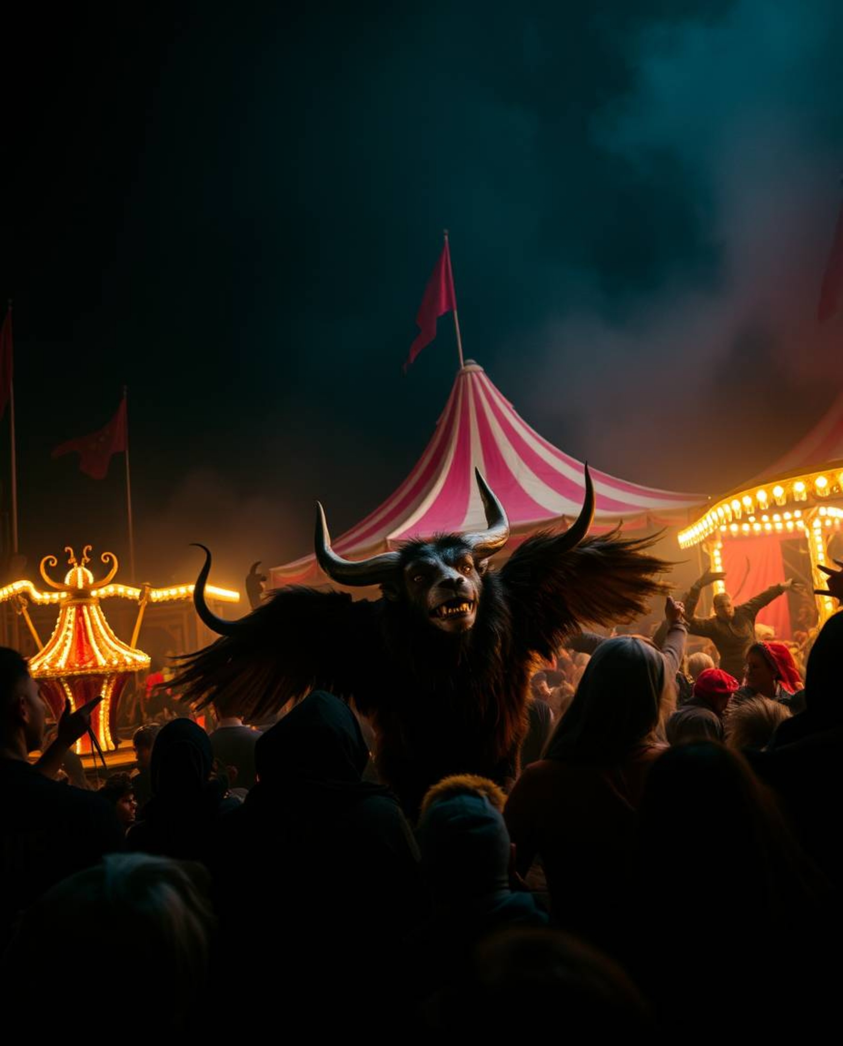 Imagine a carnival unexpectedly overrun by wild animals, captured with dramatic chiaroscuro lighting that highlights the stro