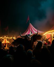 Imagine a carnival unexpectedly overrun by wild animals, captured with dramatic chiaroscuro lighting that highlights the stro