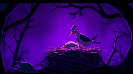 A captivating cinematic illustration showcases two cartoon birds diligently constructing a nest. Rendered in deep ultraviole