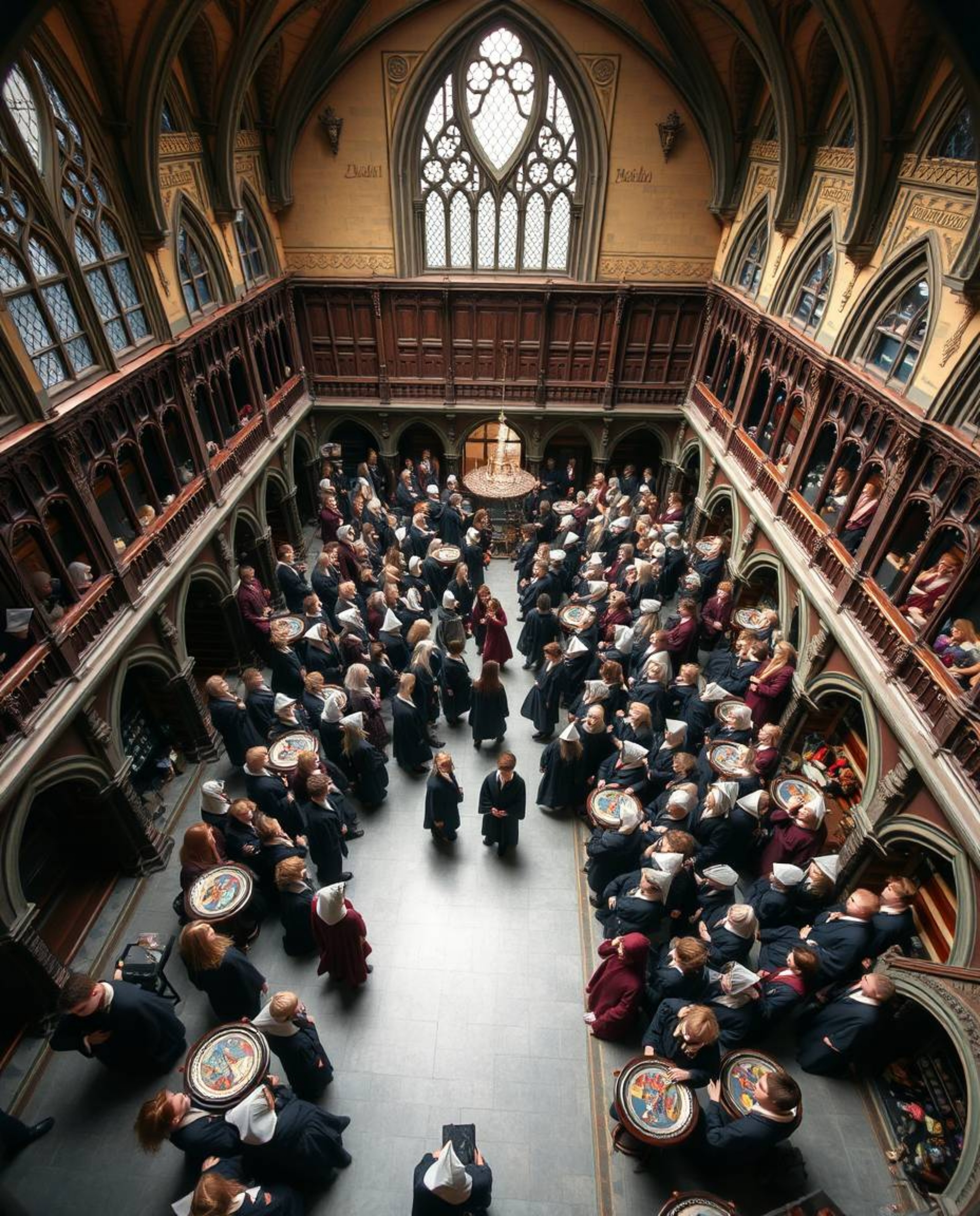 Experience the wonder of a magical school teeming with young wizards, captured from a breathtaking high-angle perspective. Th